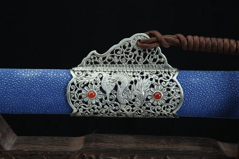 Tang Dao Kowloon Damascus Folded Clay Tempered Blue Ray Skin Scabbard 九龍 For Sale | KatanaSwordArt Japanese Katana