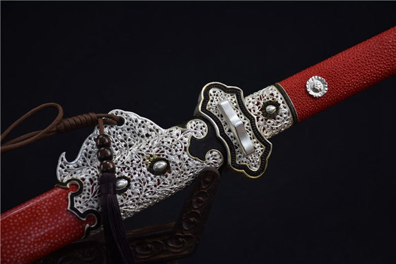 Tang Dao Royal Guard Damascus Folded Clay Tempered Red Ray Skin Scabbard 守衛 For Sale | KatanaSwordArt Japanese Katana
