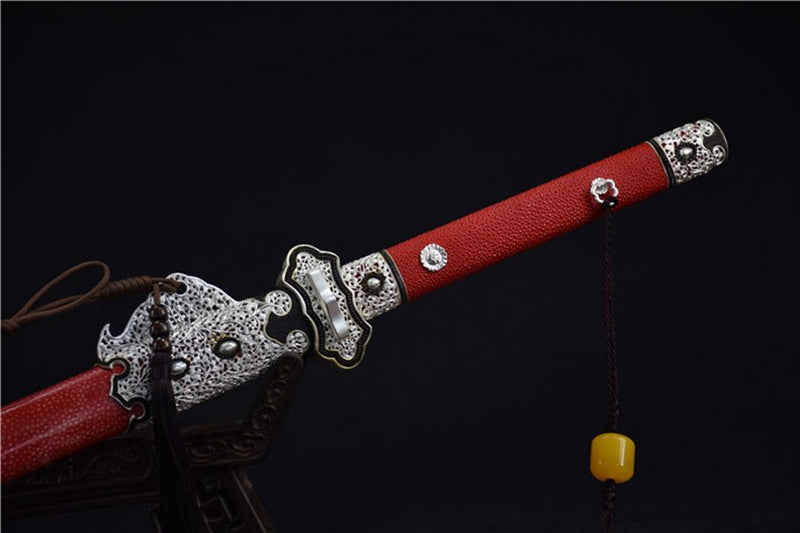 Tang Dao Royal Guard Damascus Folded Clay Tempered Red Ray Skin Scabbard 守衛 For Sale | KatanaSwordArt Japanese Katana