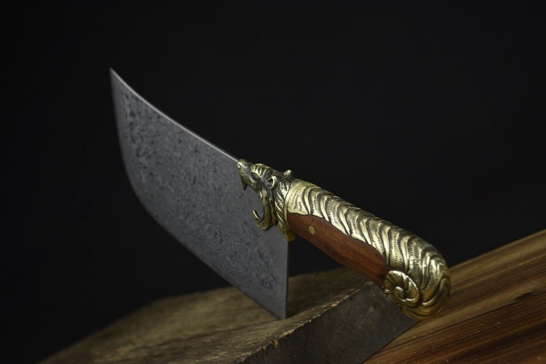 Cleaver Knife Carved Leopard VG 10 Damascus Blade 215mm For Sale | KatanaSwordArt Japanese Katana