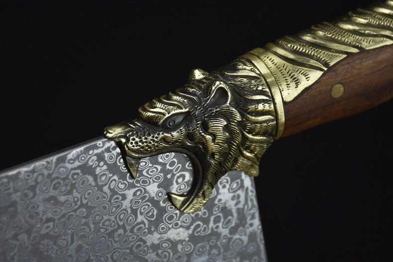 Cleaver Knife Carved Leopard VG 10 Damascus Blade 215mm For Sale | KatanaSwordArt Japanese Katana