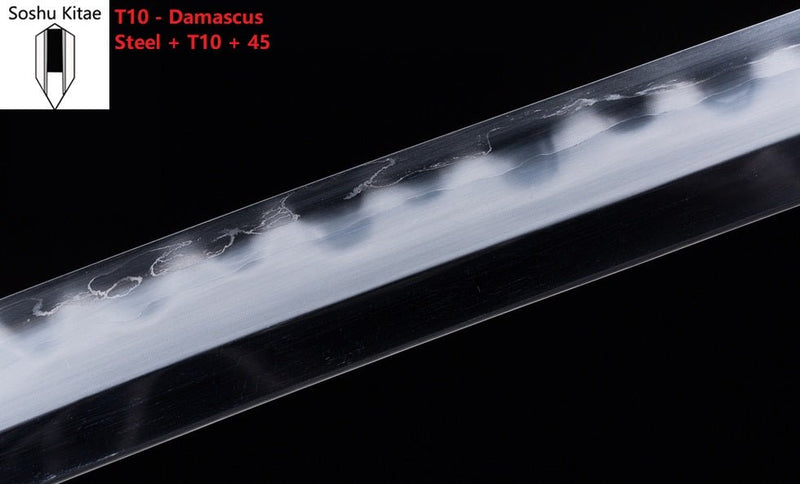 Katana Blade T10 Steel Damascus Folded and 45 Steel Blade Clay Tempered Soshu Kitae For Sale | KatanaSwordArt Japanese Katana
