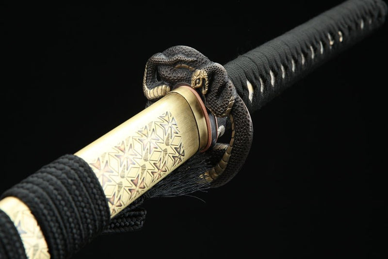 Katana Coiled Snake Damascus Folded Clay Tempered Yellow Saya 盤蛇 For Sale | KatanaSwordArt Japanese Katana