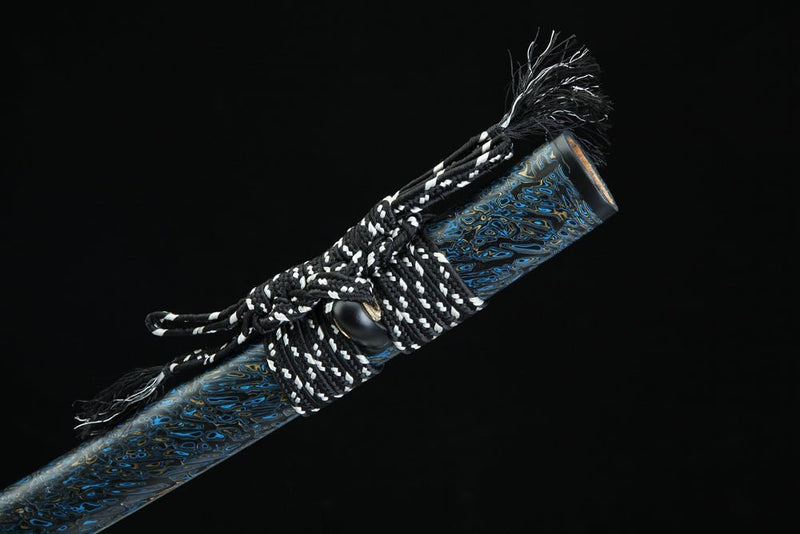 Katana Fish Splash Blue Flame Damascus Steel Clay Tempered 藍龍門 For Sale | KatanaSwordArt Japanese Katana