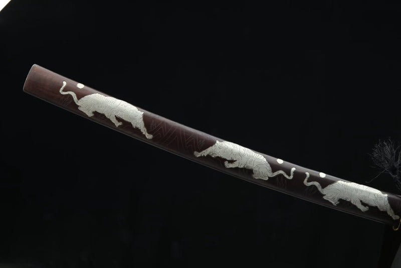 Katana White Tiger Damascus Folded Clay Tempered Brass Saya 白虎 For Sale | KatanaSwordArt Japanese Katana