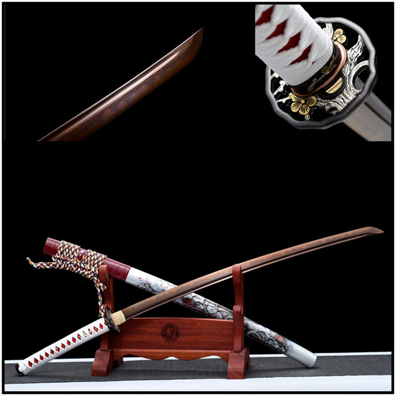 Katana Yingxue Damascus Folded Clay Tempered Red Blade 映雪 For Sale | KatanaSwordArt Japanese Katana