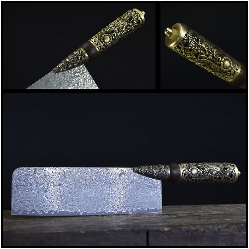Nakiri Knife Carved Dragon VG 10 Damascus Blade 190mm For Sale | KatanaSwordArt Japanese Katana