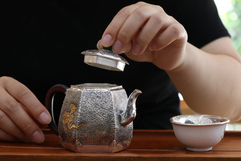 Pure Silver Teapot Hexagonal Retro Style Gold Gilding Auspicious Clouds For Sale | KatanaSwordArt Japanese Katana