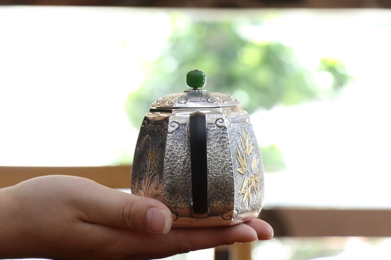 Pure Silver Teapot Hexagonal Retro Style Gold Gilding Plum Blossoms For Sale | KatanaSwordArt Japanese Katana