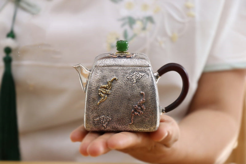 Pure Silver Teapot Square Retro Style Auspicious Clouds For Sale | KatanaSwordArt Japanese Katana