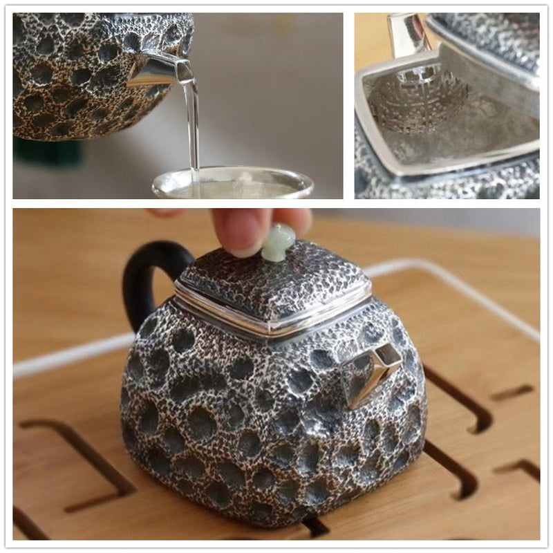 Pure Silver Teapot Square Retro Style Hammer Pattern For Sale | KatanaSwordArt Japanese Katana