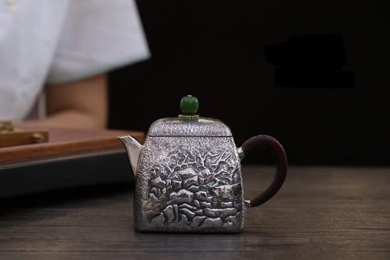 Pure Silver Teapot Square Retro Style Mountain Forests For Sale | KatanaSwordArt Japanese Katana