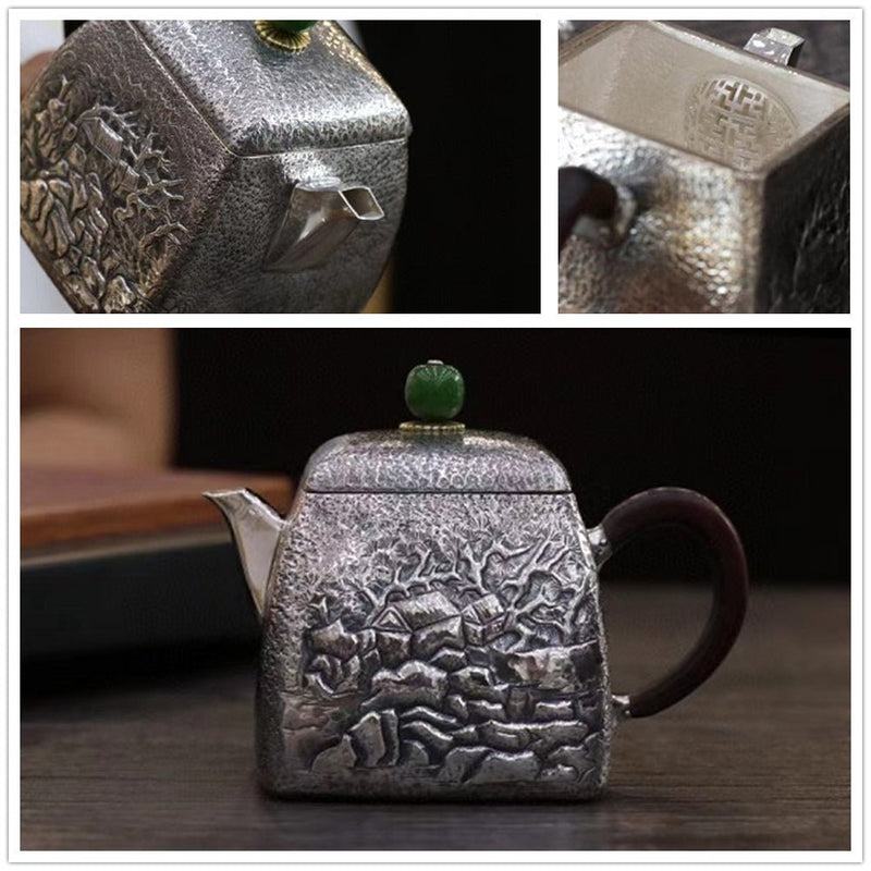 Pure Silver Teapot Square Retro Style Mountain Forests For Sale | KatanaSwordArt Japanese Katana