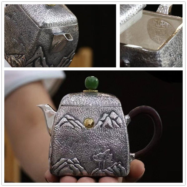 Pure Silver Teapot Square Retro Style Rising Sun For Sale | KatanaSwordArt Japanese Katana