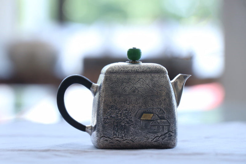 Pure Silver Teapot Square Retro Style Village House For Sale | KatanaSwordArt Japanese Katana