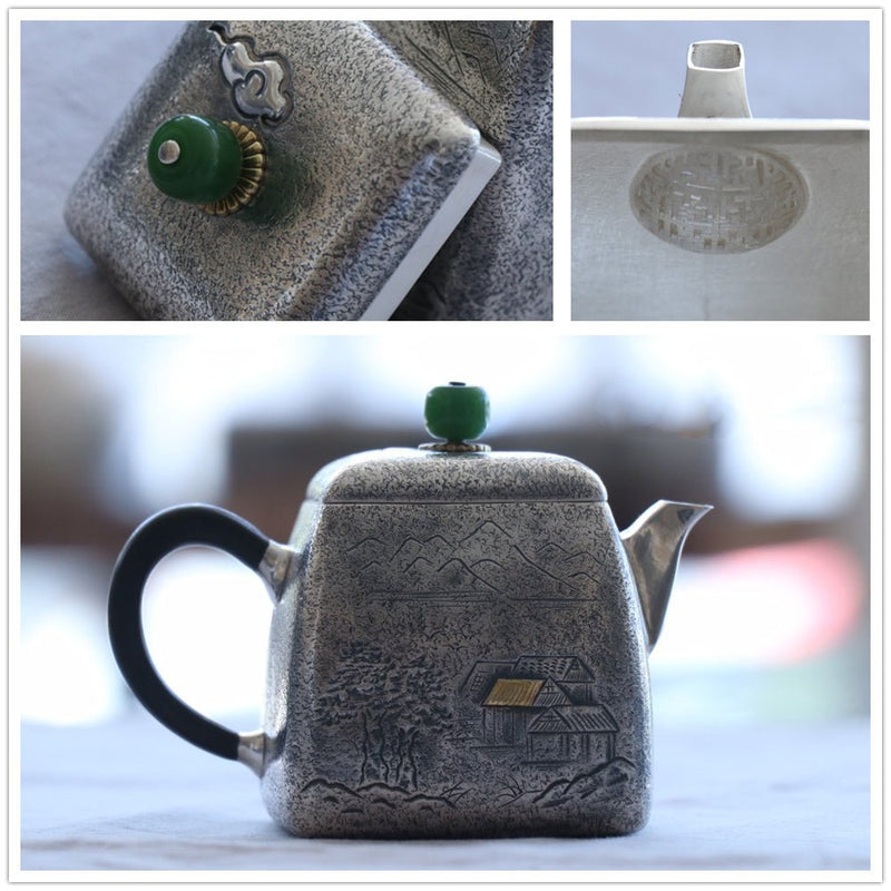 Pure Silver Teapot Square Retro Style Village House For Sale | KatanaSwordArt Japanese Katana