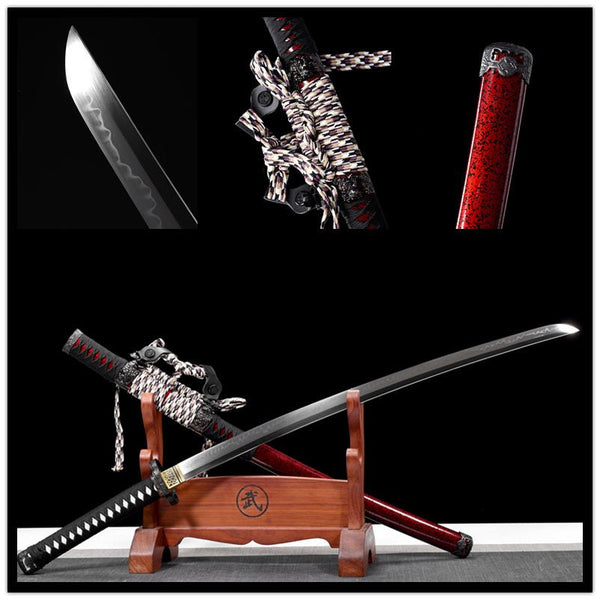 Tachi Sword Kuangshi T10 Clay Tempered Red Saya 狂獅 For Sale | KatanaSwordArt Japanese Katana