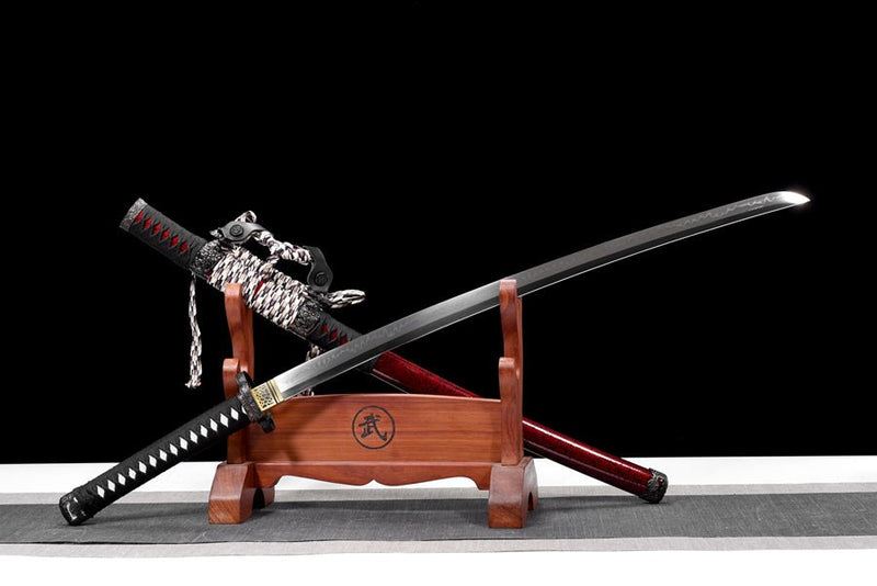 Tachi Sword Kuangshi T10 Clay Tempered Red Saya 狂獅 For Sale | KatanaSwordArt Japanese Katana