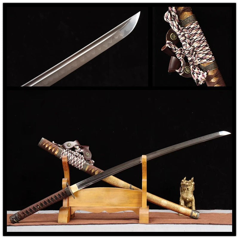 Tachi Sword Xinchang T10 Clay Tempered Yellow Saya 信長 For Sale | KatanaSwordArt Japanese Katana