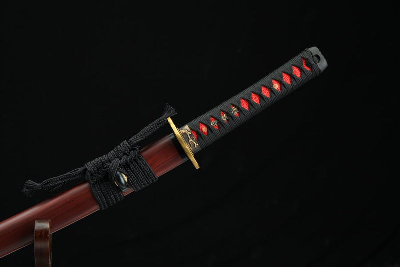 Wakizashi Sword Yanhui T10 Clay Tempered Red Saya 研灰 For Sale | KatanaSwordArt Japanese Katana