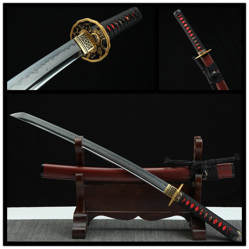 Wakizashi Sword Yanhui T10 Clay Tempered Red Saya 研灰 For Sale | KatanaSwordArt Japanese Katana